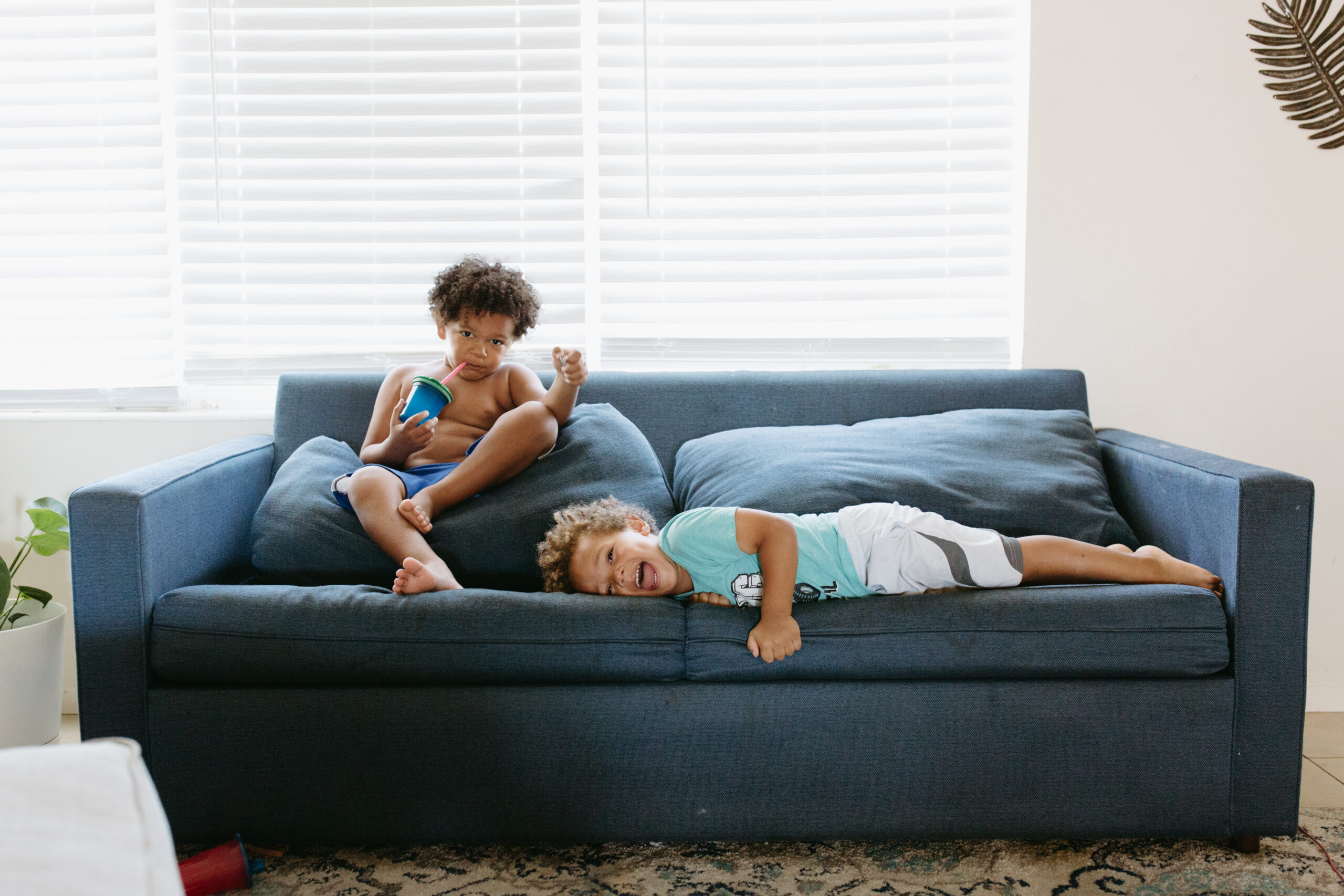 Two brothers sit on the couch in the living room